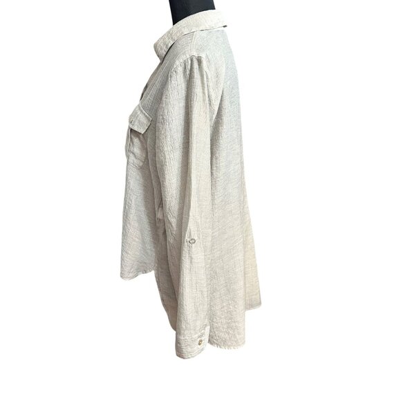 Chico's Shirt Size 2 L Begie Tie Front Button Up Roll Tab Sleeves Lightweight - Picture 2 of 11